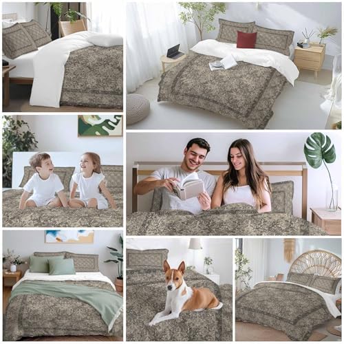Grey Boho Bedding 3 Piece Duvet Cover Set Full Size, Vintage Ethnic