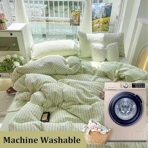 Striped Cotton Bedding Set 4 Pieces,Soft Duvet Cover with Zipper,Flat