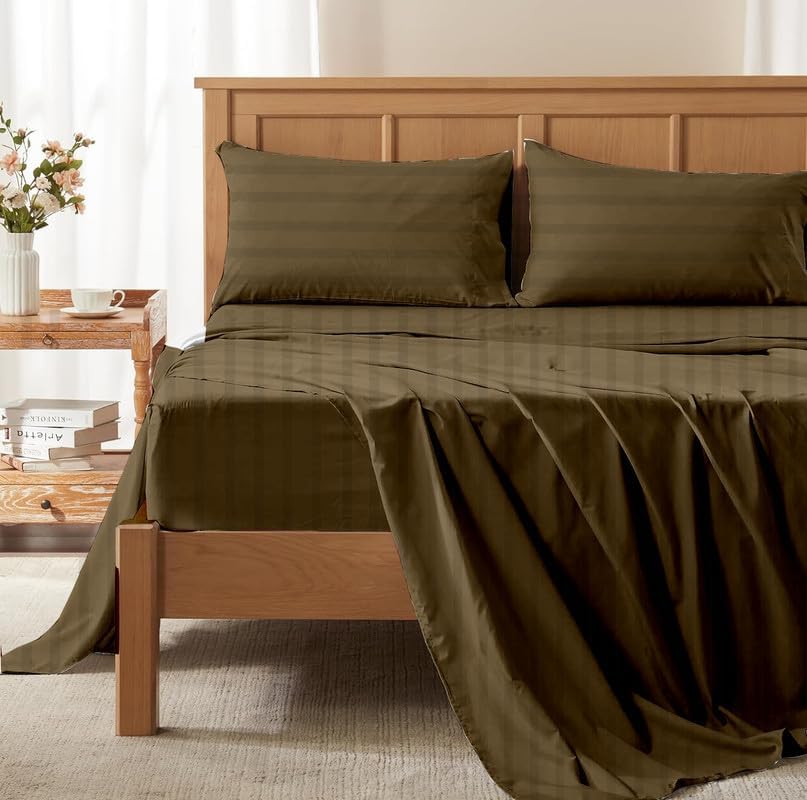 Rajlinen Twin XL Size Sheets- 4 Piece Taupe Stripe Sheet Set- 100%