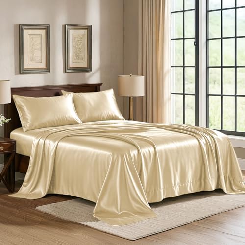 Satin Sheets Full [4-Piece, Ivory] Hotel Luxury Silky Bed Sheets
