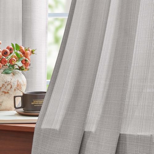 jinchan Grey Linen Textured Curtains 63 Inch Length 2 Panels for
