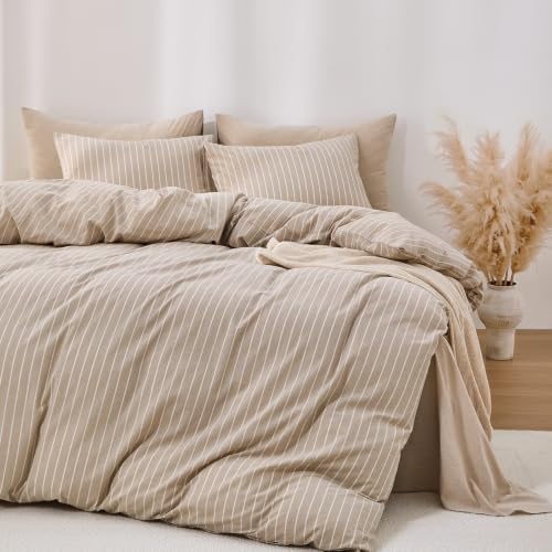 Wake In Cloud Striped Cotton Duvet Cover Set, Tan, Queen