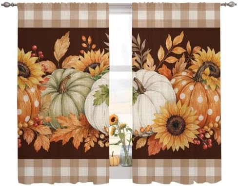 Thanksgiving Pumpkins Sheer Curtains 72 Inches Long, Fall Maple Leaves