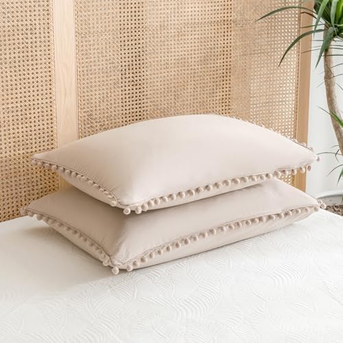 Taupe Pom Poms Pillowcases King, Khaki Tan Pillowcases Set of 2, 100%