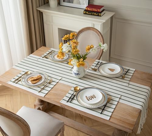 Boho Farmhouse Placemats Set of 6, Green Beige Stripes Cotton Linen