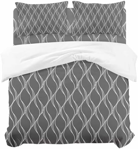 Wavy Lines Duvet Cover Set, Abstract Minimalist Pattern Gray Soft