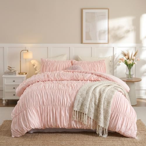 weigelia Blush Pink Ruched Comforter Set Queen Size, Cute Girls