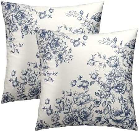 White Blue Floral Pillow Covers 22x22 Inch Set of 2, Vintage