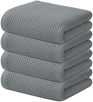 Kitinjoy 100% Cotton Waffle 4-Pack Kitchen Towels, 13" x 28", Grey