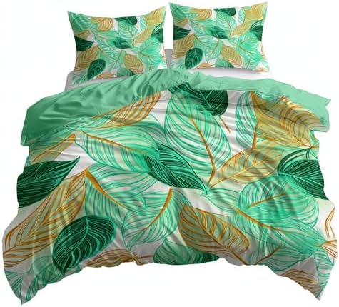 King Duvet Cover Reversible Design, Tropical Leaves Lines Soft Bedding