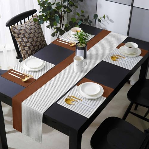 Boho Brown Table Mats Set of 6 With Table Runner 90 Inches Long,Linen