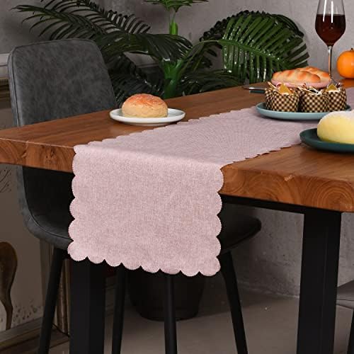 Pink Cotton Table Runner 13 x 90 in Long Farmhouse Scallop Style