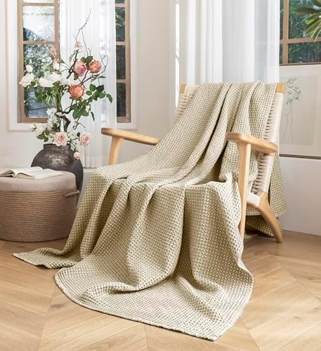 Talasily 100% Cotton Waffle Blanket Queen Size,Stone Washed Bed