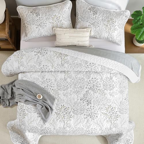 WONGS BEDDING Floral Quilt Set King, 3 Pcs White Grey Bedspread