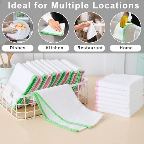 VOOVA & MOVAS White Bar Mop Towels, 12 Pack, 100% Cotton, Green Pink