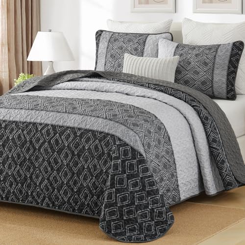 Cottolester Full Size Quilt,3 Pcs Black White Grey Striped Bedspread