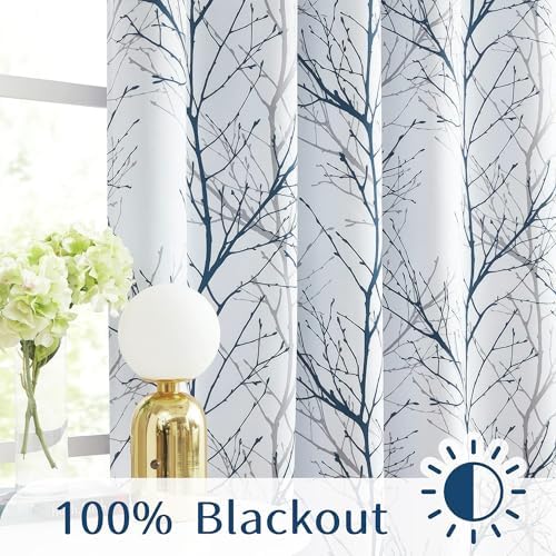 FMFUNCTEX 100% Blackout Blue Grey Tree Branch Curtains 96 Inch 2