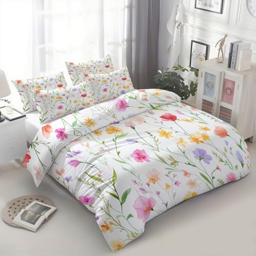 California King Duvet Cover Set Cheerful Wildflower Pattern Soft