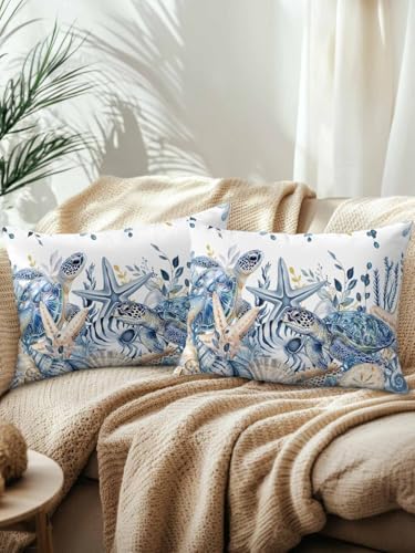 Outdoor Pillows Waterproof, Blue Turtle Coastal Bedding Throw Pillows