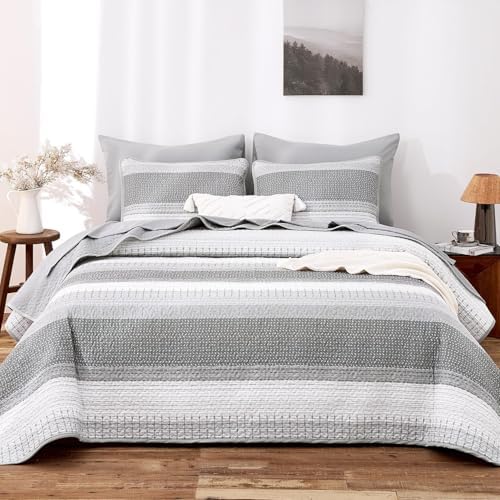 Wake In Cloud - Striped Quilt Set, Farmhouse Coastal Neutral Boho