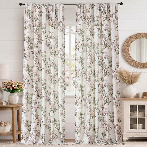 Simplebrand Natural Floral 120 Inch Curtains 2 Panels Set, Faux Linen