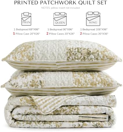 HORIMOTE HOME Patchwork Quilt Set King Size, Beige Plaid Floral Stripe