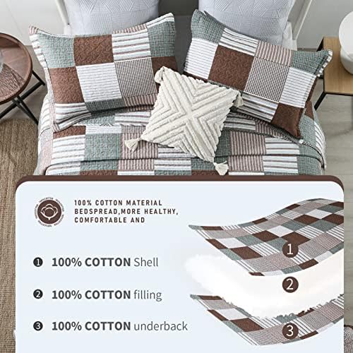 Finlonte King Size Quilt 100% Cotton Plaid Farmhouse Comforter Set