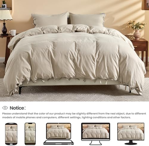 BISELINA 100% Washed Cotton Duvet Cover Set 3pcs with Bowknot Ties