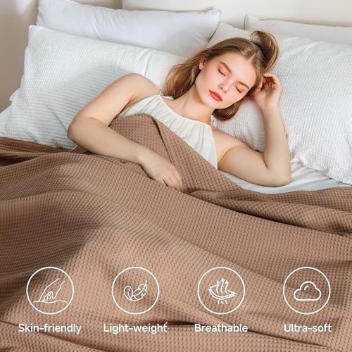 Simple&Opulence 100% Cotton Waffle Blanket, Queen Size 90"x90", Light