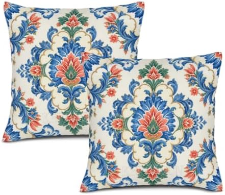 Blue Coral Floral Pillow Covers 20x20 Inch Set of 2 Linen for Home