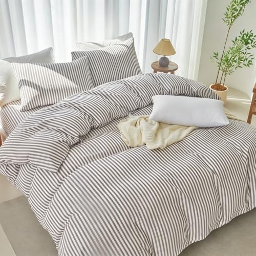 LIFETOWN Striped Duvet Cover Set 100% Washed Cotton Linen Feel Natural