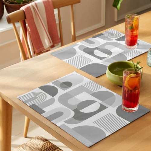 Gray Geometric Placemats Set of 8, Cotton Linen Fabric Place Mats
