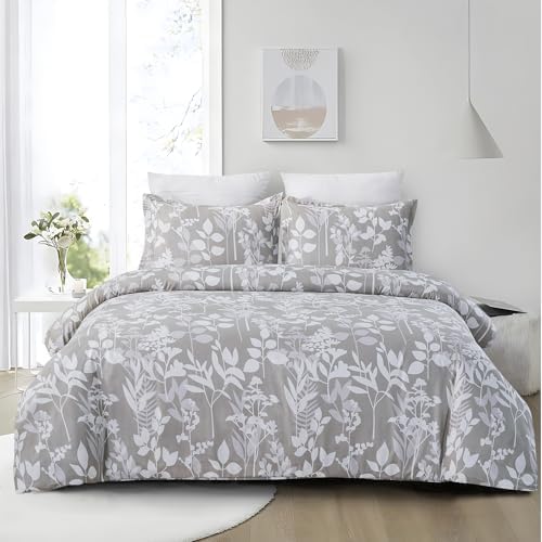Vaulia Microfiber Duvet Cover Set Queen, Grey Botanical