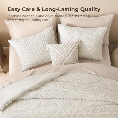 Litanika King Size Comforter Set, 3 Pieces Beige Tufted Boho Bedding