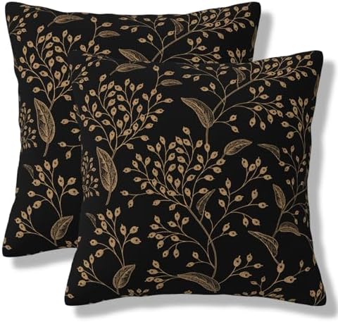 Boho Flowers Throw Pillow Covers Black Gold Floral Leaves Square