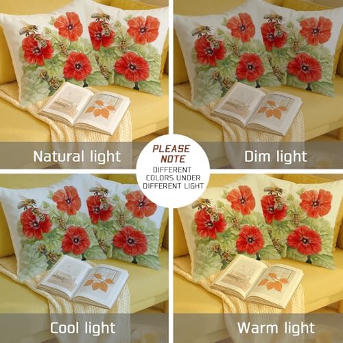 Bees and Red Flowers Throw Pillow Covers Set of 2, Botanical Garden