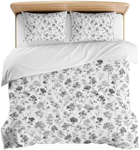 3 Pieces Bedding Set Queen Size, Grey Floral Soft Duvet Covers Set