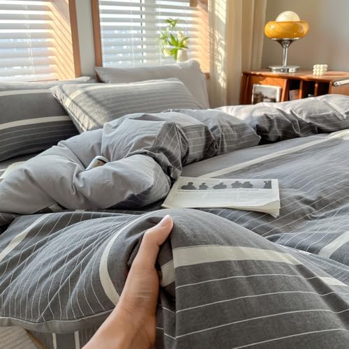 Modern Grey White Striped Duvet Cover Set TwinXL Size 3 Pieces Washed