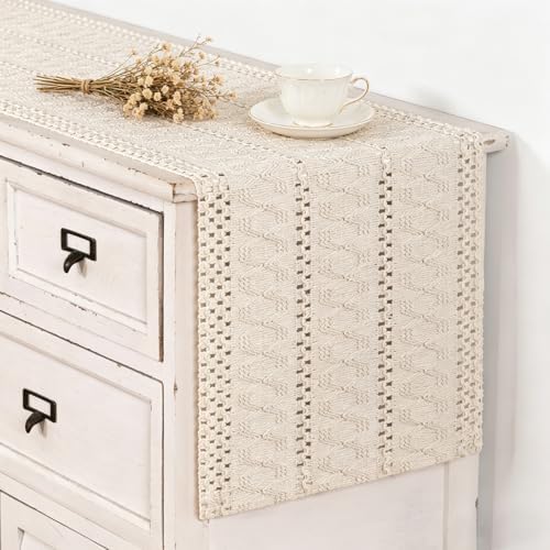 Ivory Boho Table Runner Farmhouse Macrame Woven Table Runner 12x72