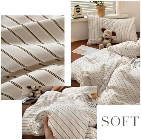 MKXI Twin XL Size Beige Brown Striped Duvet Cover Set - 3 Piece