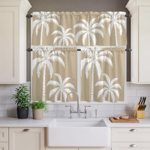 Brown Palm Tree Kitchen Curtains Set, Coastal Tropical Summer Coconut