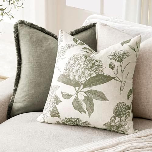 Foindtower Decorative Linen Floral Throw Pillow Cover 20×20 Inch,Sage
