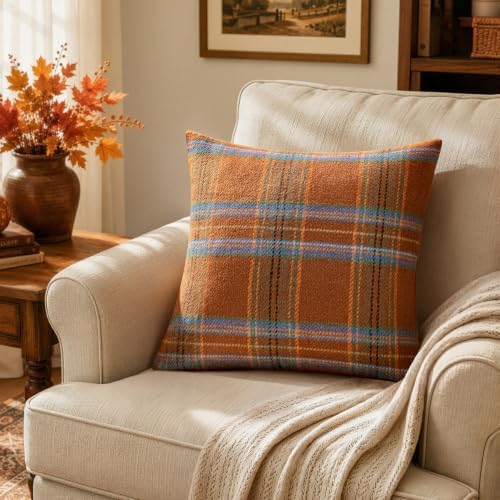 MIULEE Fall Plaid Decorative Pillow Covers Set of 2 22x22 Orange