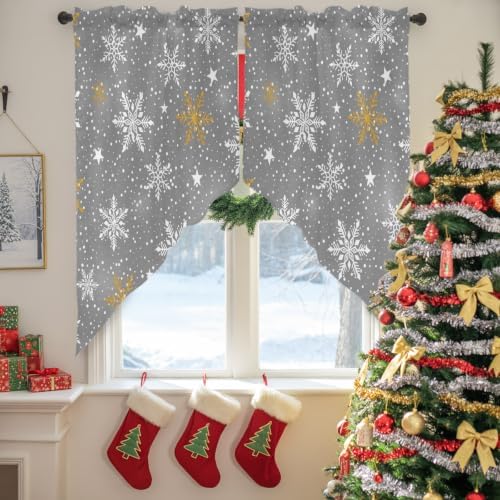 Christmas Snowflake Swag Valance Curtains Grey Winter Yellow White
