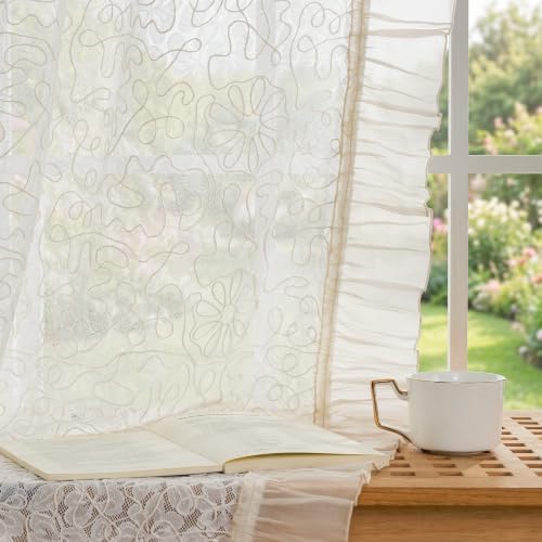 RYB HOME Ivory Embroidered Lace Sheer Curtains 96 Inch for Bedroom