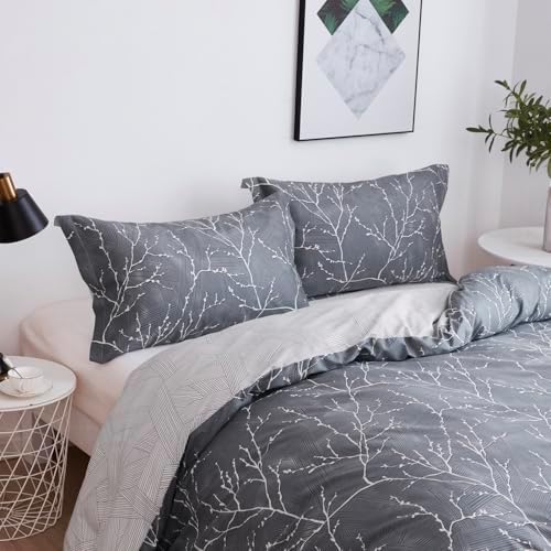 OAITE Queen Duvet Cover Set 3pcs 100% Cotton Grey Branch