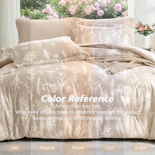 MUXHOMO King Comforter Set, 7-Piece Floral Bed in a Bag, Beige