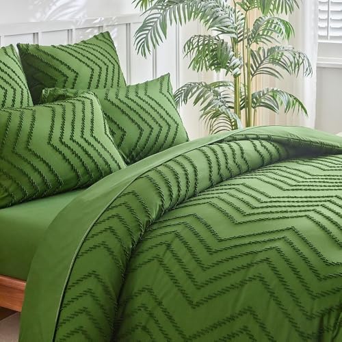 Bedding Set Green Boho Duvet Cover Set, 3Pcs Tufted Textured