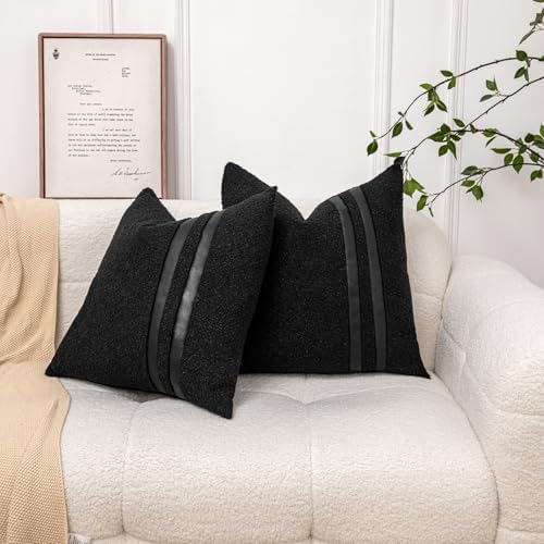 18x18 Black Boucle Throw Pillow Covers with Leather Accent, 2 PC