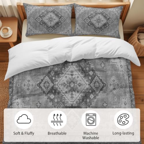 Duvet Cover Full Size, Grey Boho 3-Piece Bedding Quilt/Comforter
